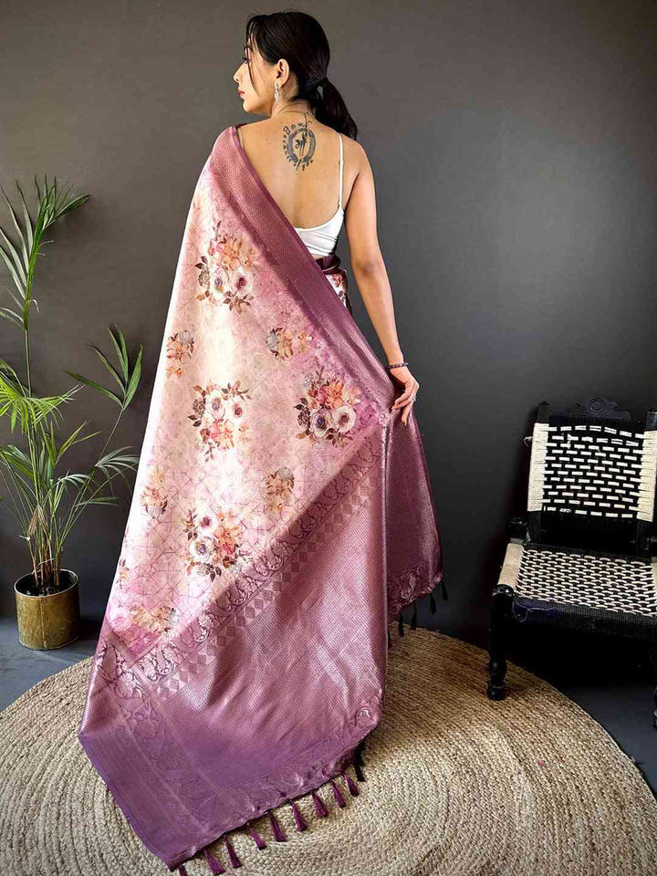 Lavender Soft Silk Saree with Floral Digital Print & Intricate Zari Border