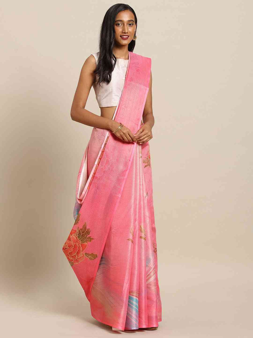 Pink Soft Silk Saree with Floral Print & Subtle Shimmer Texture