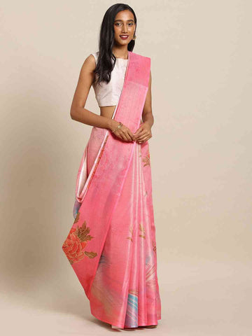 Pink Soft Silk Saree with Floral Print & Subtle Shimmer Texture