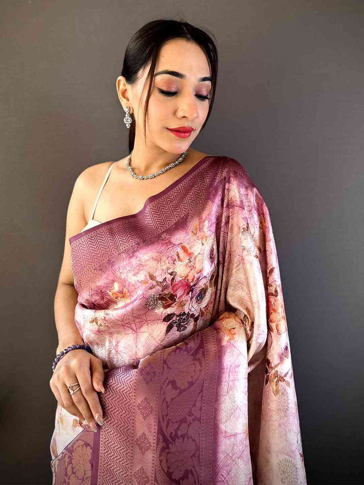 Lavender Soft Silk Saree with Floral Digital Print & Intricate Zari Border