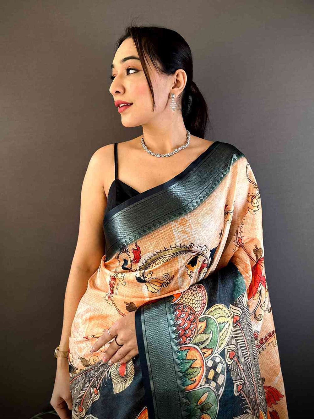 Beige & Teal Soft Silk Saree with Traditional Kalamkari Print & Woven Zari Border