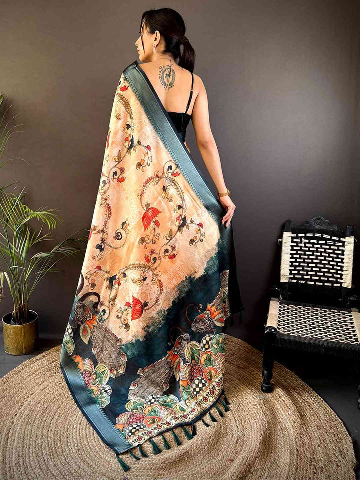 Beige & Teal Soft Silk Saree with Traditional Kalamkari Print & Woven Zari Border