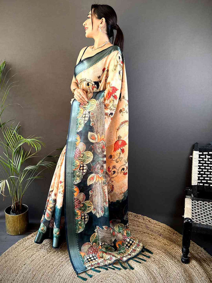 Beige & Teal Soft Silk Saree with Traditional Kalamkari Print & Woven Zari Border