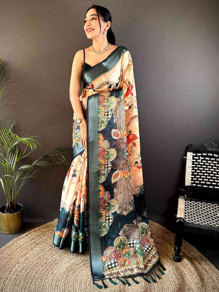 Beige & Teal Soft Silk Saree with Traditional Kalamkari Print & Woven Zari Border