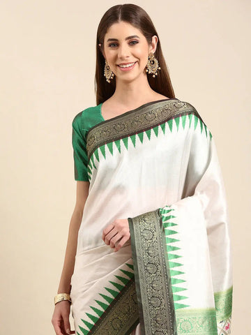 White & Green Soft Silk Saree with Temple Border and Rich Zari Pallu