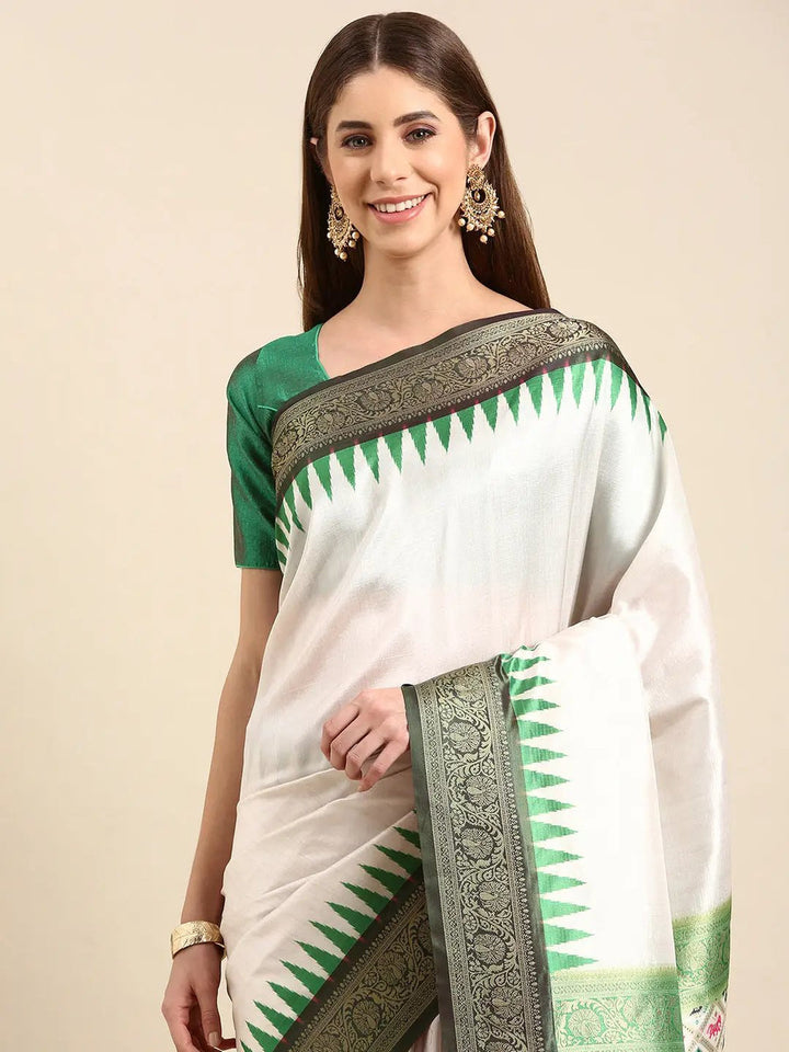 White & Green Soft Silk Saree with Temple Border and Rich Zari Pallu
