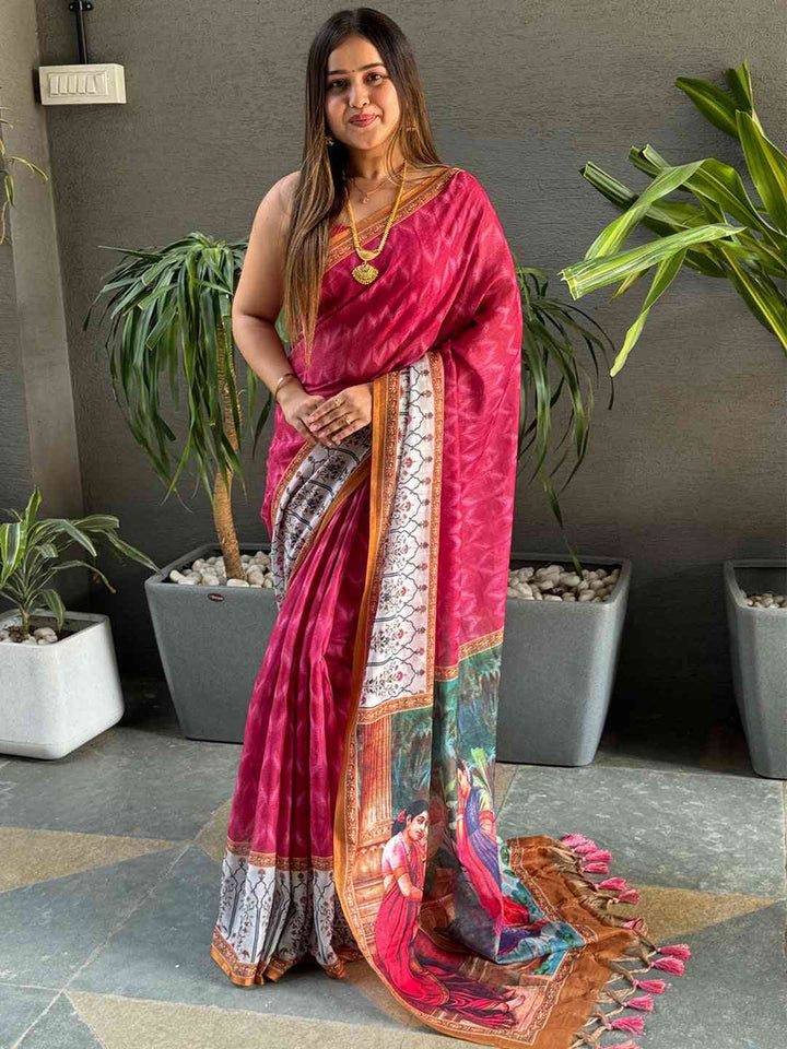 Maroon Soft Silk Saree with Kalamkari Style Pallu & Contrast Printed Border