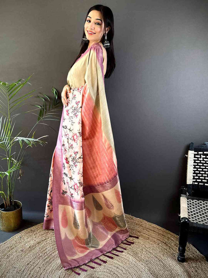 Pink & Beige Soft Silk Saree with Floral Print and Woven Paisley Zari Pallu