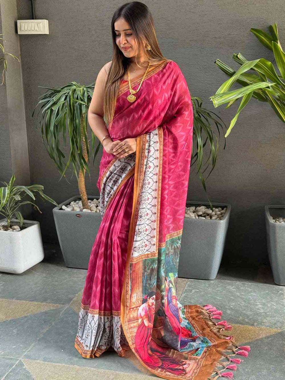 Maroon Soft Silk Saree with Kalamkari Style Pallu & Contrast Printed Border
