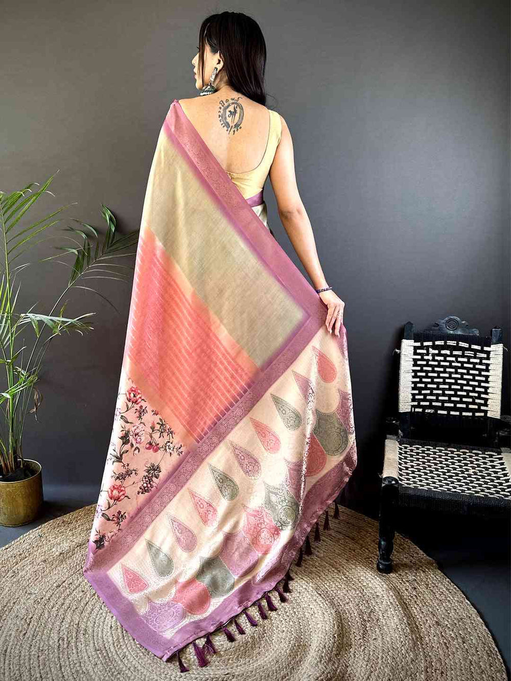 Pink & Beige Soft Silk Saree with Floral Print and Woven Paisley Zari Pallu
