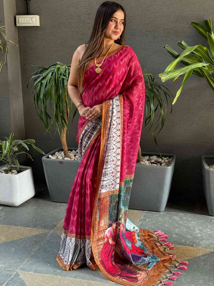 Maroon Soft Silk Saree with Kalamkari Style Pallu & Contrast Printed Border