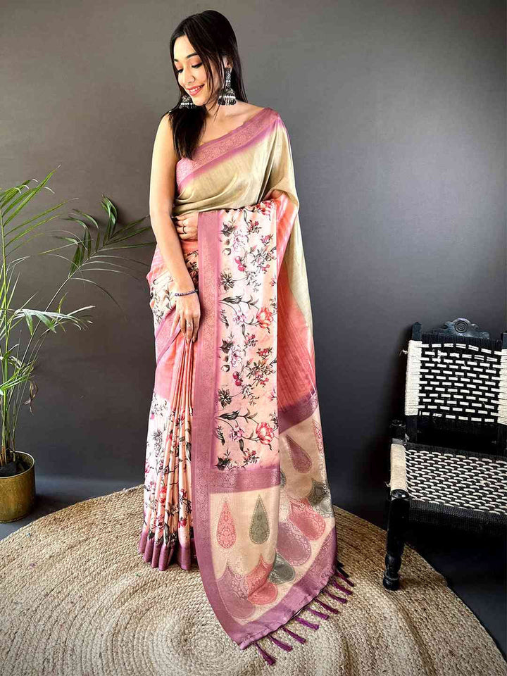 Pink & Beige Soft Silk Saree with Floral Print and Woven Paisley Zari Pallu