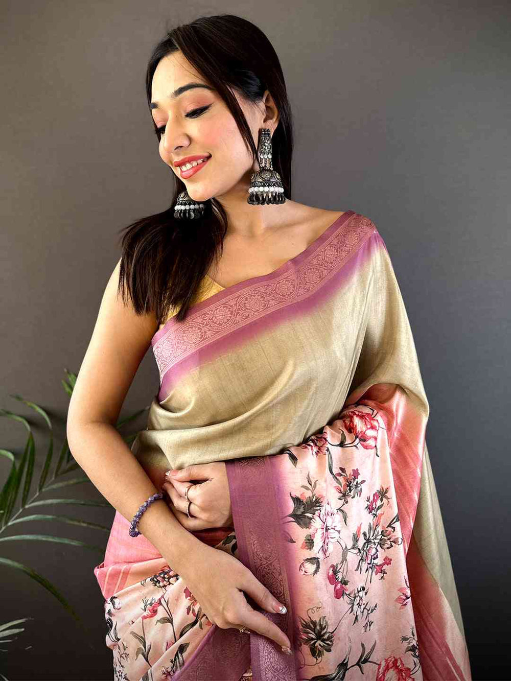 Pink & Beige Soft Silk Saree with Floral Print and Woven Paisley Zari Pallu
