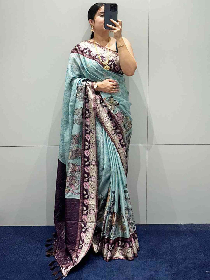 Mint Green Soft Silk Saree with Elephant & Floral Print Border