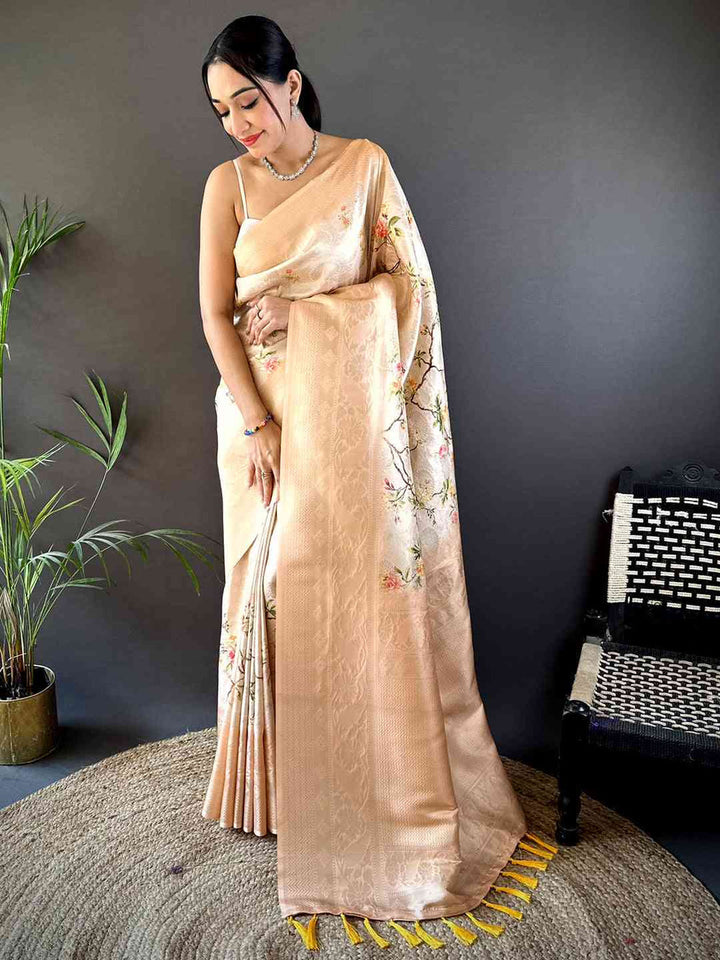 Peach Soft Silk Saree with Subtle Floral Print & Woven Zari Border