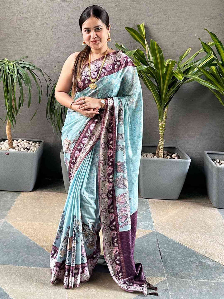 Mint Green Soft Silk Saree with Elephant & Floral Print Border