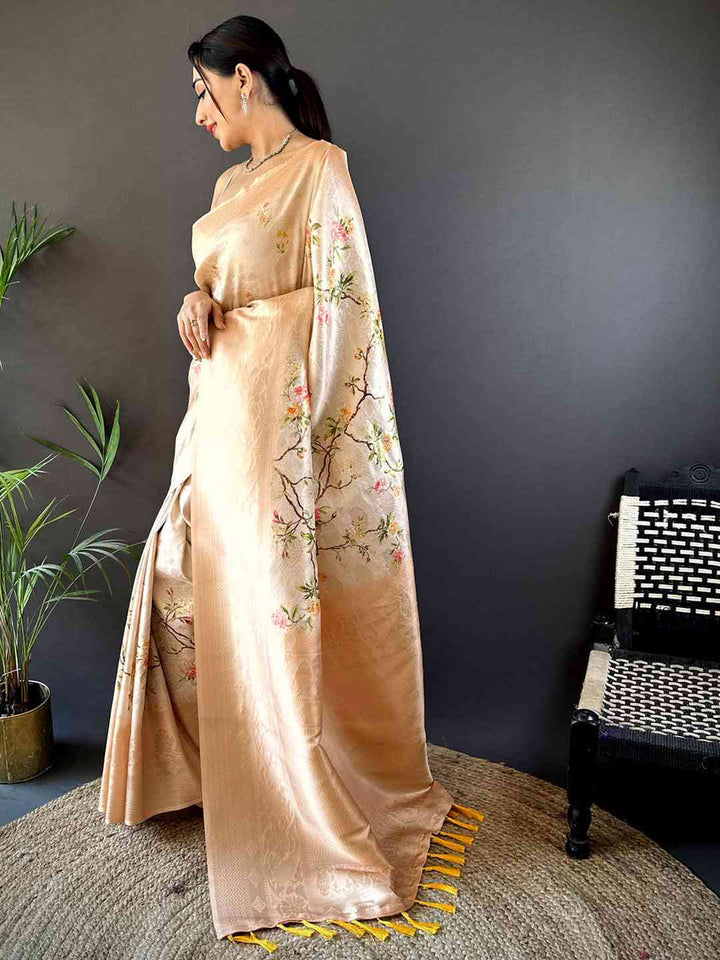 Peach Soft Silk Saree with Subtle Floral Print & Woven Zari Border