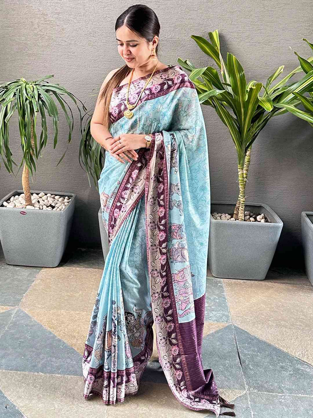 Mint Green Soft Silk Saree with Elephant & Floral Print Border