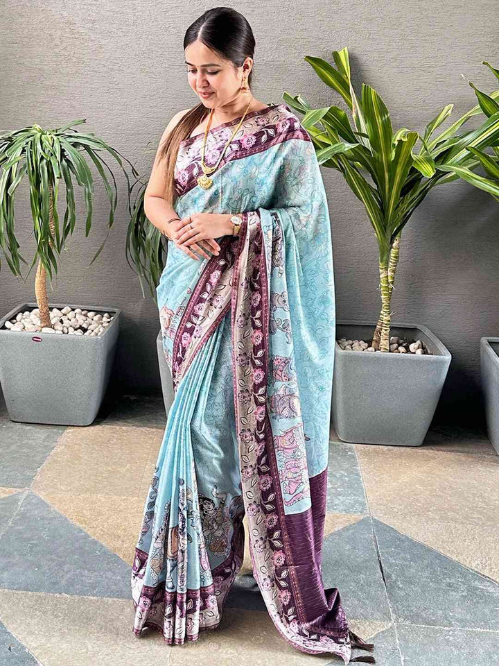 Mint Green Soft Silk Saree with Elephant & Floral Print Border