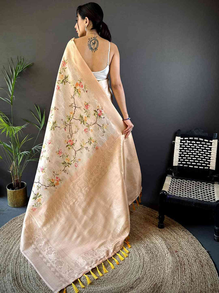 Peach Soft Silk Saree with Subtle Floral Print & Woven Zari Border