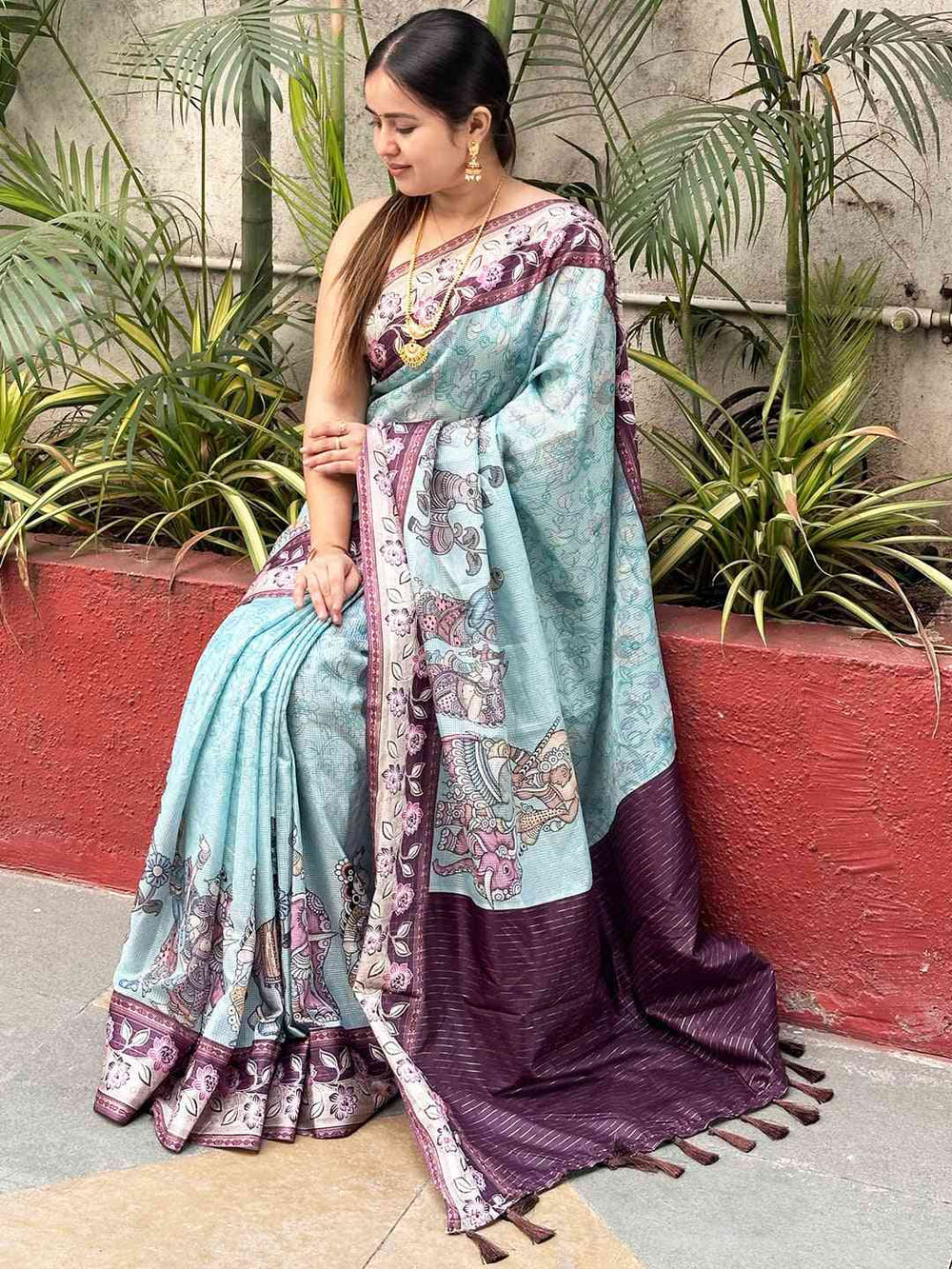 Mint Green Soft Silk Saree with Elephant & Floral Print Border