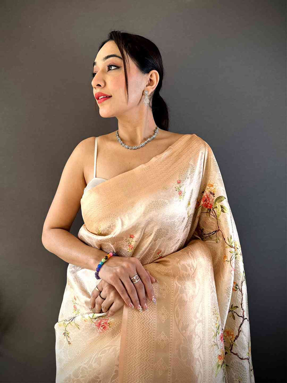 Peach Soft Silk Saree with Subtle Floral Print & Woven Zari Border