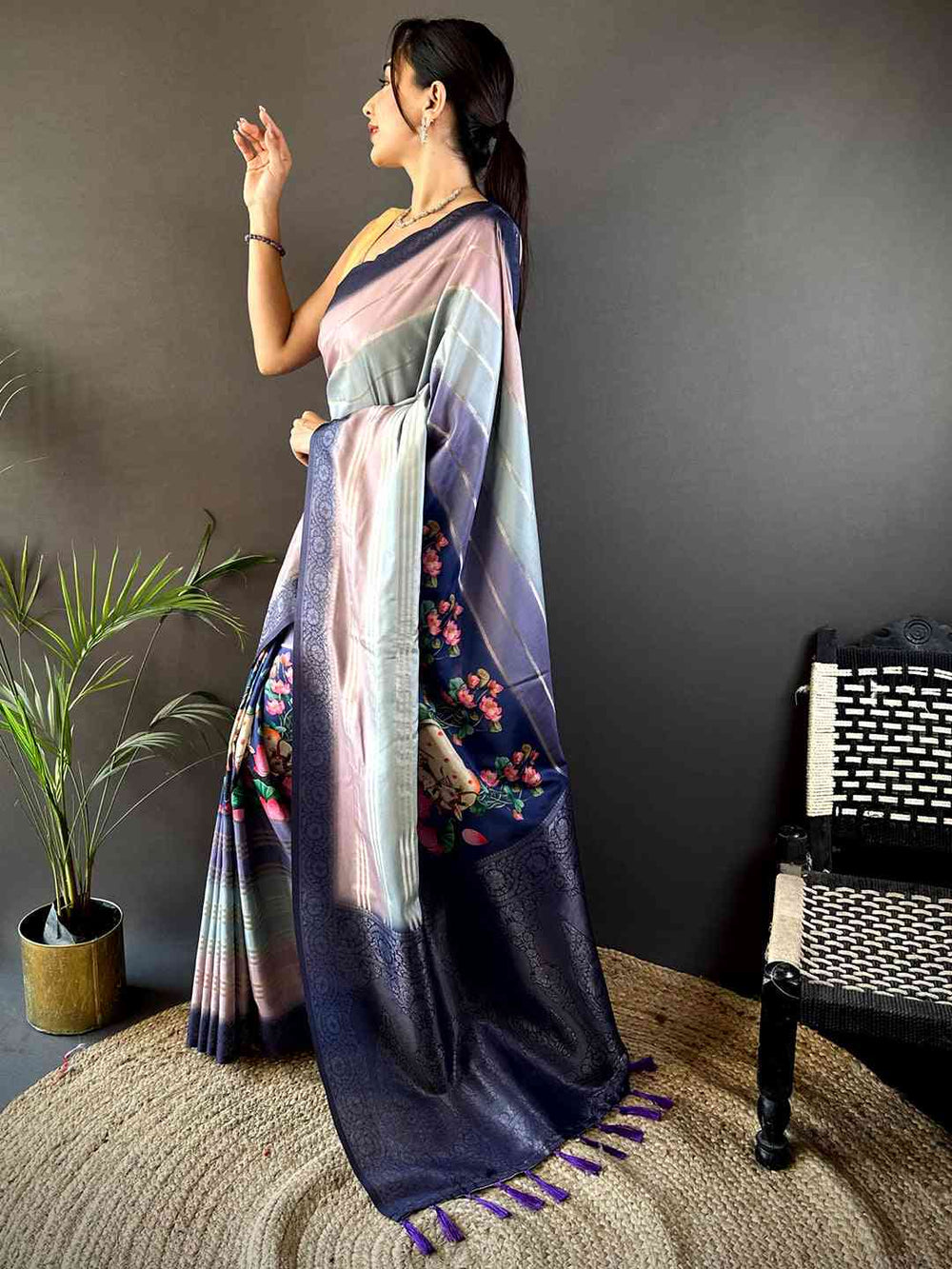 Multicolor Soft Silk Saree with Pastel Stripes, Floral Pleats & Rich Navy Zari Pallu
