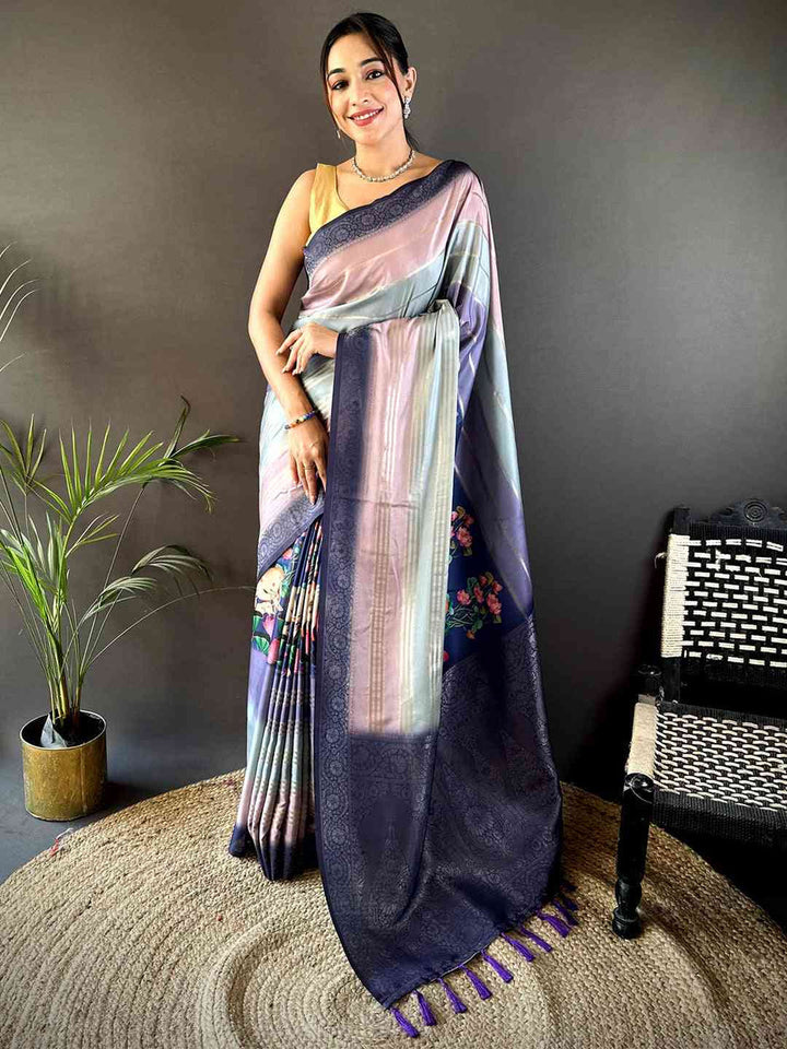 Multicolor Soft Silk Saree with Pastel Stripes, Floral Pleats & Rich Navy Zari Pallu