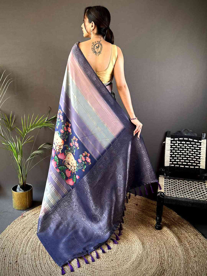 Multicolor Soft Silk Saree with Pastel Stripes, Floral Pleats & Rich Navy Zari Pallu