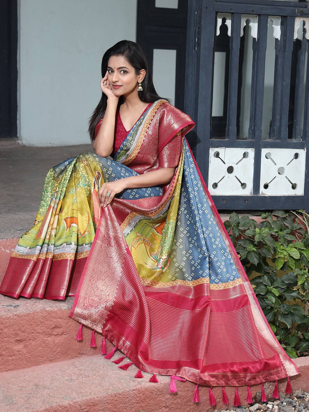 Red Banarasi Soft Silk Saree with Multicolor Pallu & Gold Zari Weaving