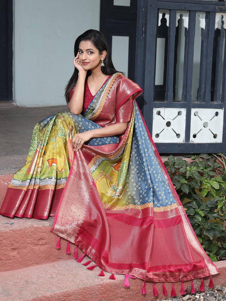 Red Banarasi Soft Silk Saree with Multicolor Pallu & Gold Zari Weaving