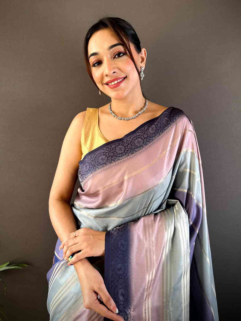 Multicolor Soft Silk Saree with Pastel Stripes, Floral Pleats & Rich Navy Zari Pallu