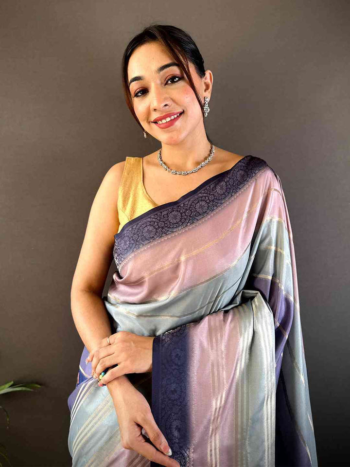Multicolor Soft Silk Saree with Pastel Stripes, Floral Pleats & Rich Navy Zari Pallu