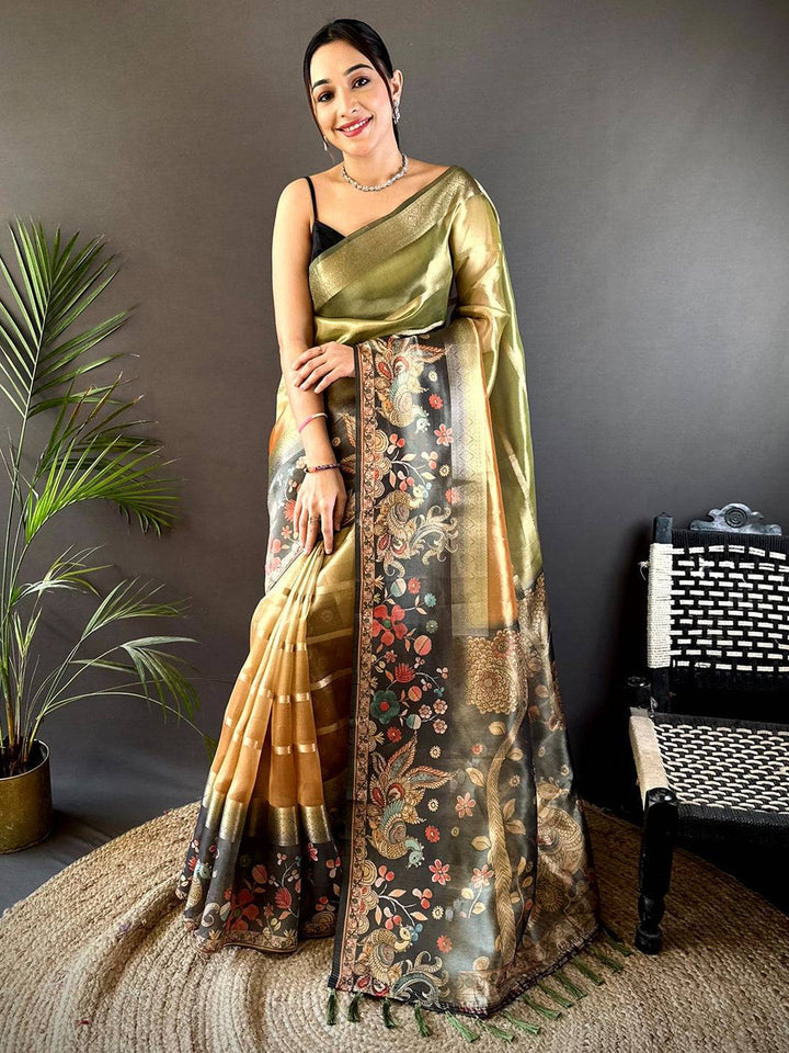 Olive Green Soft Silk Saree with Vintage Floral Print & Golden Zari Border