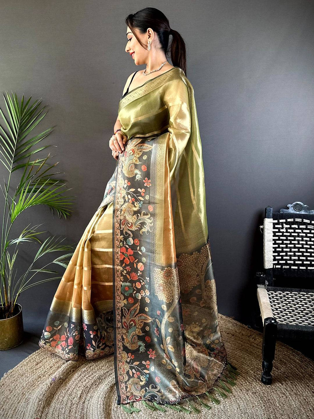 Olive Green Soft Silk Saree with Vintage Floral Print & Golden Zari Border