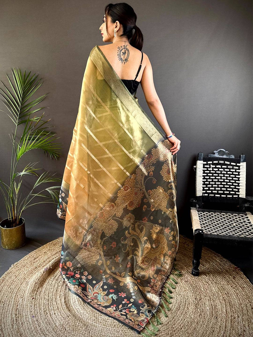 Olive Green Soft Silk Saree with Vintage Floral Print & Golden Zari Border