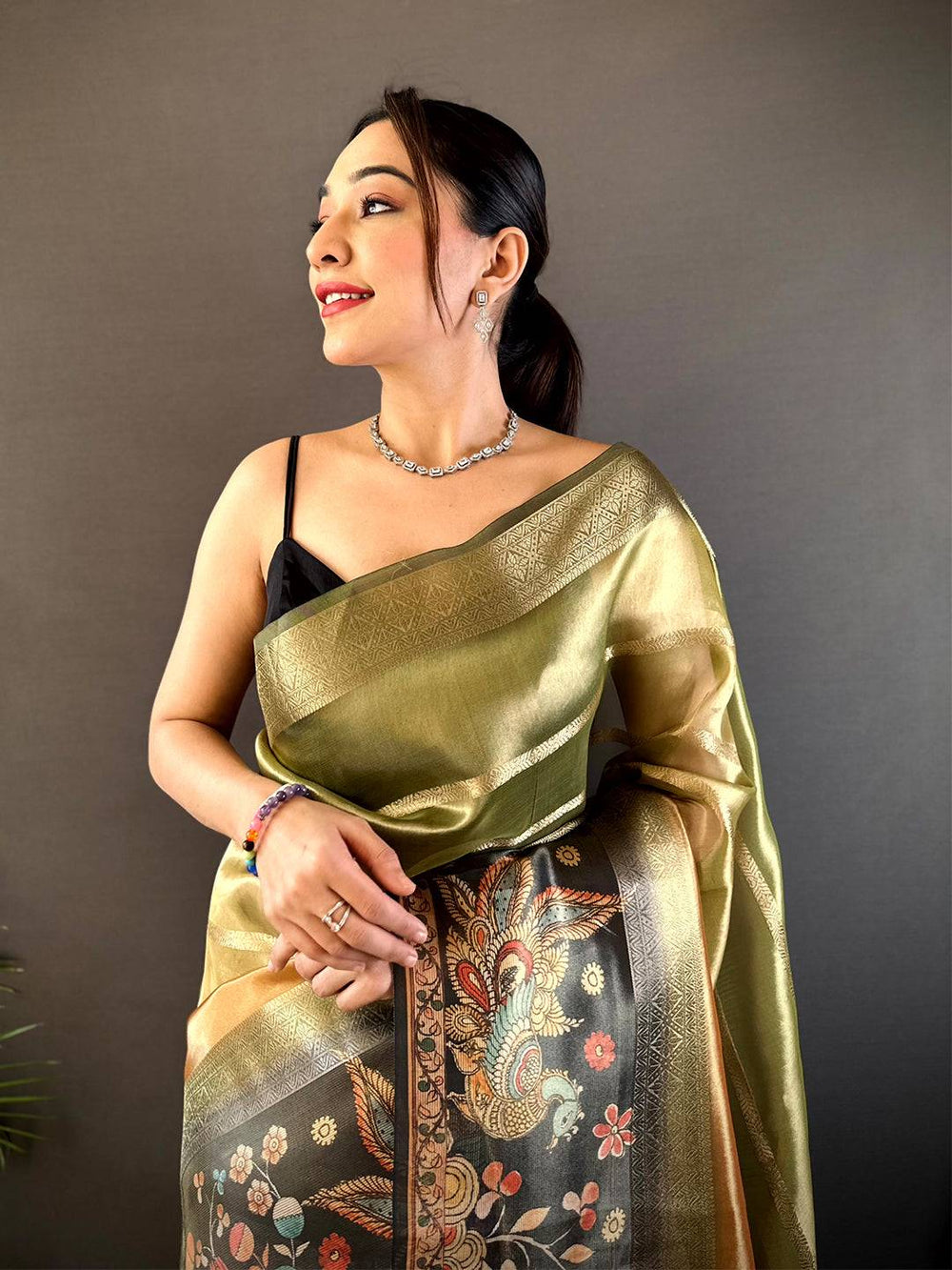 Olive Green Soft Silk Saree with Vintage Floral Print & Golden Zari Border