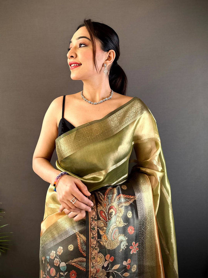 Olive Green Soft Silk Saree with Vintage Floral Print & Golden Zari Border