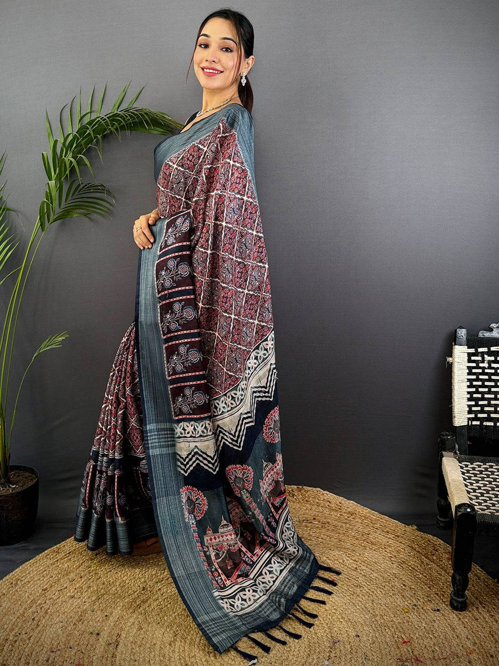 Indigo Soft Silk Saree with Traditional Ajrakh Print & Woven Border