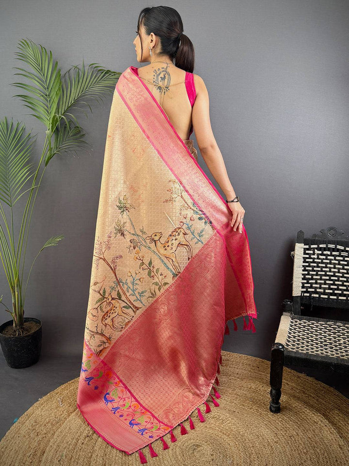 Peach Gold Soft Silk Saree with Pink Border & Artistic Deer Print Pallu