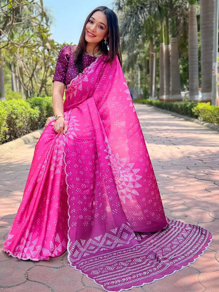 Hot Pink Bandhani Printed Georgette Saree with Designer Border