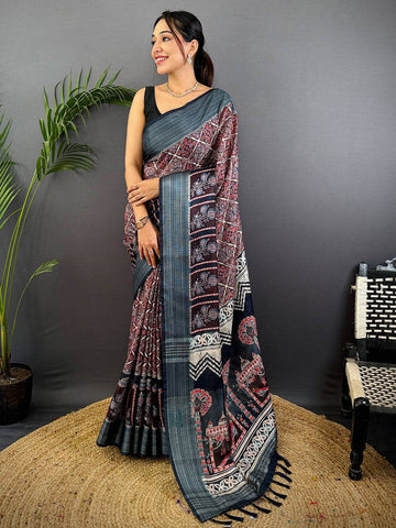 Indigo Soft Silk Saree with Traditional Ajrakh Print & Woven Border