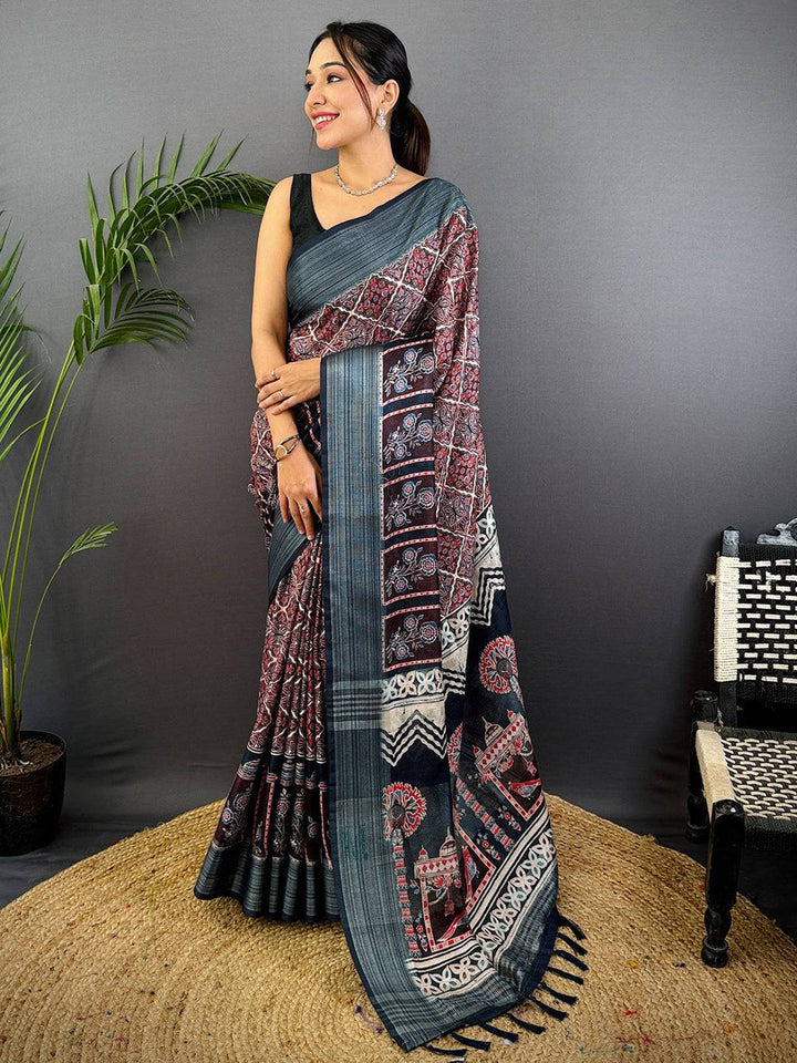 Indigo Soft Silk Saree with Traditional Ajrakh Print & Woven Border