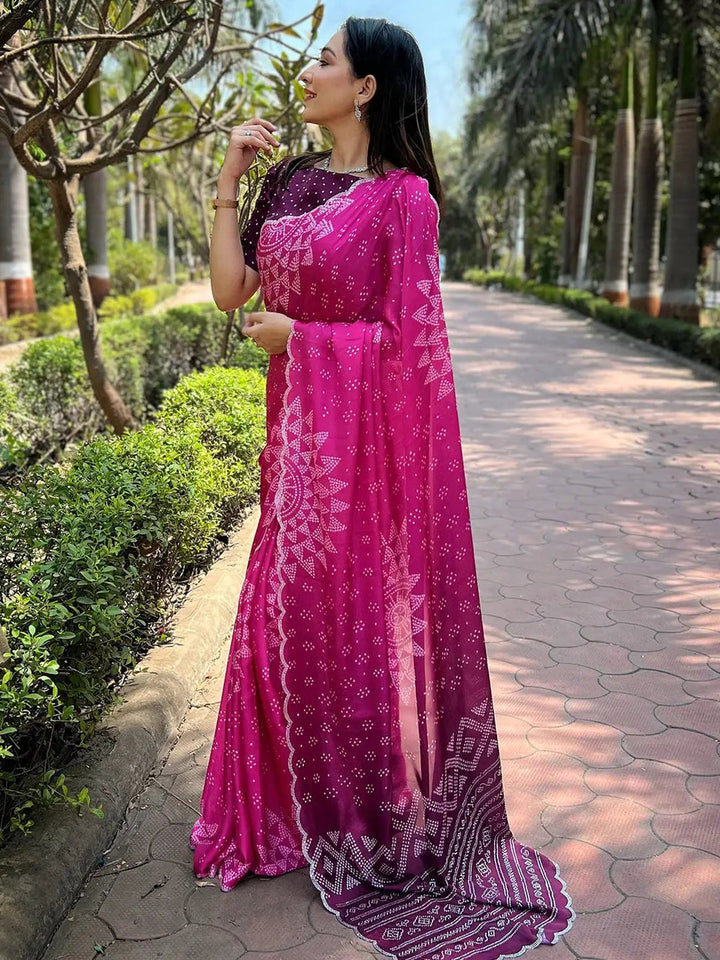 Hot Pink Bandhani Printed Georgette Saree with Designer Border