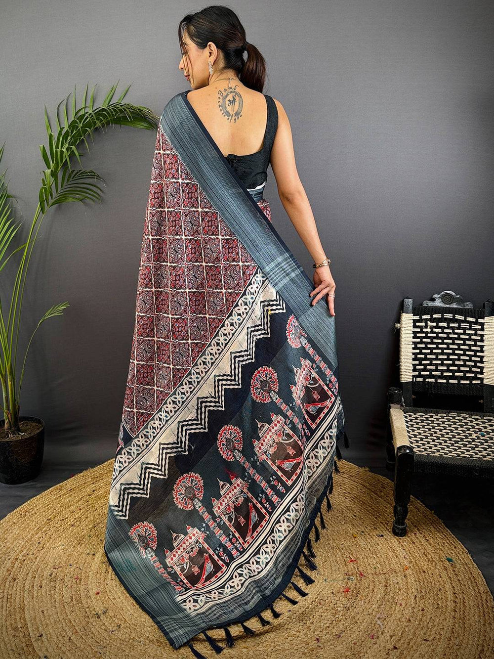 Indigo Soft Silk Saree with Traditional Ajrakh Print & Woven Border