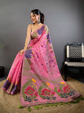 Pink Multicolor Printed Soft Cotton Saree with Floral Folk Art Motifs & Tassel Border