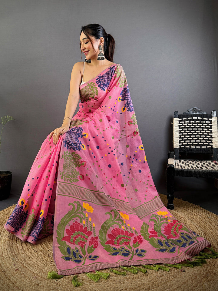 Pink Multicolor Printed Soft Cotton Saree with Floral Folk Art Motifs & Tassel Border