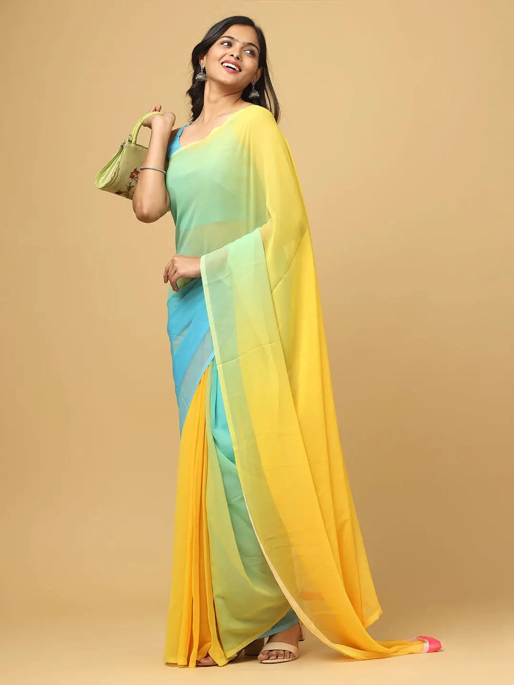 Aqua Blue & Yellow Dual Shade Georgette Saree