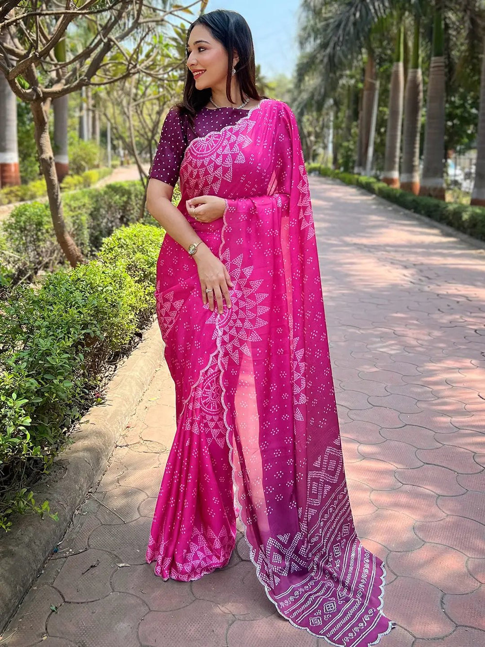 Hot Pink Bandhani Printed Georgette Saree with Designer Border