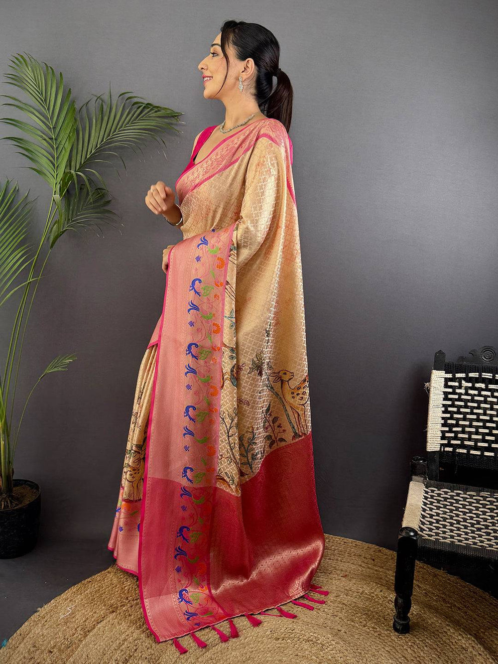 Peach Gold Soft Silk Saree with Pink Border & Artistic Deer Print Pallu
